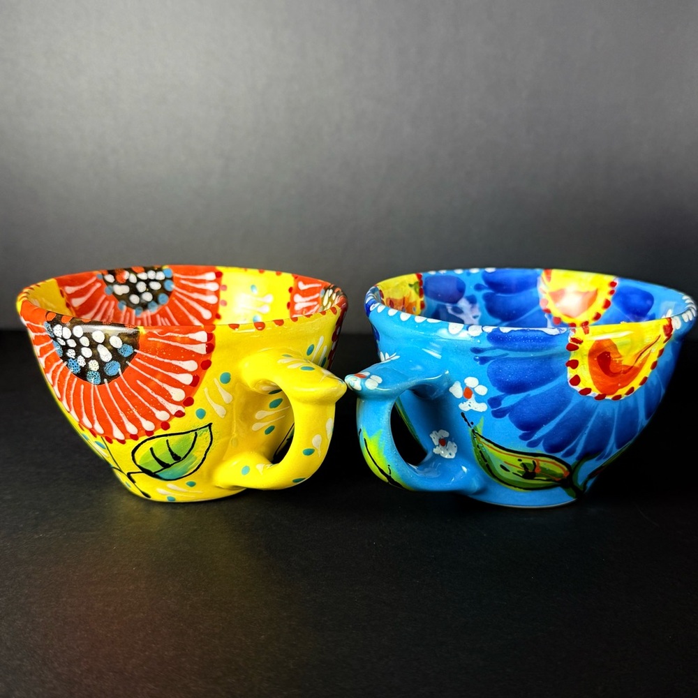 Set of 2 Hand Painted Mexican Clay Mugs Floral Folk Art Pottery Colorful Signed - Picture 2 of 14